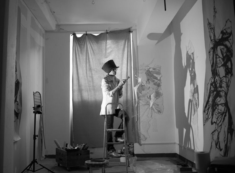 Tania Salha working on a sculpture in her studio in Poland Street.